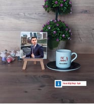 Okul Müdürü Fotoğraflı Dekoratif Taş, Ahşap Altlıklı Türk Kahvesi Fincanı Hediye Öğretmenler Günü Hediyesi (Model 7)