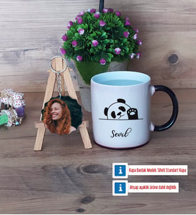 Sevimli Panda Kupa Bardak Beyaz ve Fotoğraflı Ahşap Anahtarlık Hediye (Model 9)
