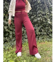 Kadın Fitilli Çizgili Penye Raporlu Pamuklu Pijama Altı Eşofman (Bordo)