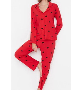 Tarz Rahat Uzun Kollu Boru Paça %100 Pamuklu Kalp Desenli Örme Pijama Takımı (Kırmızı)