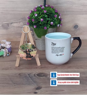Teyzeye Hediye Kupa Bardak Beyaz ve Fotoğraflı Ahşap Anahtarlık Hediye (Model 10)