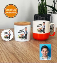 Kişiye Özel Karikatürlü Emlakçı Hediye Seti Pro Kupa Bardak, Kalemlik, Anahtarlık Emlakçı Hediyeleri (Turuncu)