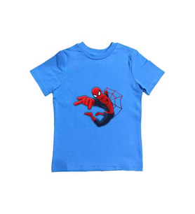 Spiderman baskılı örümcek adam pamuklu penye kumaş yazlık çocuk tişört (Mavi)