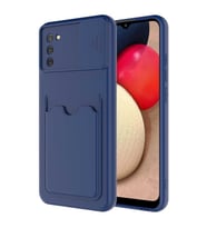 Galaxy A02S Kılıf Deri Görünümlü Kartlıklı Kamera Korumalı Silikon (Lacivert)