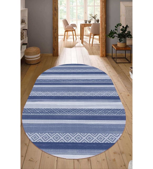 Dijital Baskılı Kaymaz Taban Yıkanabilir Oval Salon Halısı Mutfak Halısı Yolluk NDO-HT-1002 (Mavi)