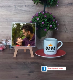 Babalar Günü Hediyesi Fotoğraflı Dekoratif Taş, Ahşap Altlıklı Türk Kahvesi Fincanı HediyeBabaya Hediye (Model 8)