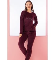 Luxury Velvet Fransız Kadife Yazı Detaylı Pijama Takımı (Mürdüm)