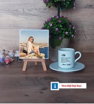 Ablaya Hediye Fotoğraflı Dekoratif Taş, Ahşap Altlıklı Türk Kahvesi Fincanı Hediye (Model 2)