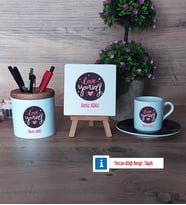Love Yourself Hediye Seti Dekoratif Taş, Kalemlik, Ahşap Altlıklı Türk Kahvesi Fincanı Hediye (Model 7)