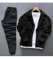 Peluş Polar Hırka Gömlek Siyah Eşofman Altı Takım (Siyah)