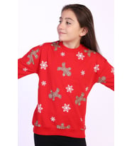 Toontoy Kız Çocuk Kar Taneli Kurabiye Baskılı Sweatshirt (Kırmızı)