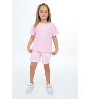 Toontoy Kız Çocuk Garni ve Üst Çiçek Baskılı Şortlu Takım (Açık Pembe)