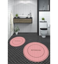 EVDEYA Dijital Baskılı Yıkanabilir Sade Bathroom Yazılı Yuvarlak Banyo Paspası Klozet Takımı, YKLOZET-4-GRİ, (Pembe)