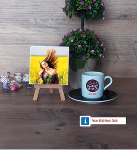 Love Yourself Fotoğraflı Dekoratif Taş, Ahşap Altlıklı Türk Kahvesi Fincanı Hediye (Model 7)