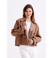 %100 Pamuk Gabardin Astarlı Oversize Geniş Kalıp Kadın Crop Kısa Trençkot 1122 (Koyu Bej)