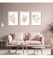 3'lü Ahşap Lamine Çerçeveli Mdf Tablo Pastel Pembe Çiçekler (Beyaz)