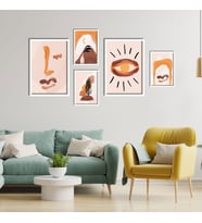 5'li Ahşap Lamine Çerçeveli Mdf Tablo Seti Turuncu Boho Tasarım (Beyaz)