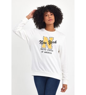 Kadın Bisiklet Yaka Rahat Kalıp İçi Polarlı 3 İplik Kalın N Baskılı Sweatshirt SPR24SWK25 (Ekru)