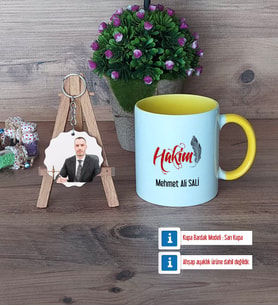 Hakim Kupa Bardak Beyaz ve Fotoğraflı Ahşap Anahtarlık Hediye (Model 7)