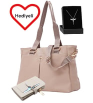 Givenza Çüzdan ve Melek Kolye Hediyeli Çok Çepli Omuz Çantası (Vizon)