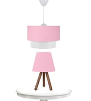 Pasta Sarkıt Avize ve Tripod Ahşap Ayaklı Abajur İkili Takım (Pembe)