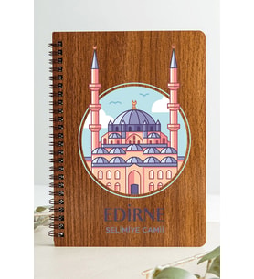 Edirne Selimiye Camii Şehir Tasarım Ahşap Kapaklı Defter Kraft Kağıt Özel Tasarm (Ceviz Rengi)