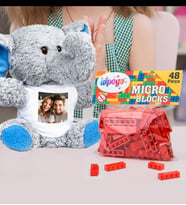 Kişiye Özel Peluş Mavi Fİl Ve Renkli Micro Blocks Lego (Kırmızı)