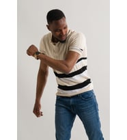 Slimfit Polo Yaka Likralı Çizgili Triko Kumaş Yazlık Spor Erkek T-shirt (Krem)