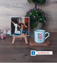 Arkadaşa Hediye Fotoğraflı Dekoratif Taş, Ahşap Altlıklı Türk Kahvesi Fincanı Hediye (Model 1)