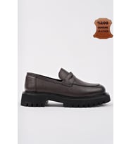 Muggo PARADİSE Hakiki Deri Kalın Taban Günlük Casual Makosen Kadın Loafer Ayakkabı (Kahverengi)
