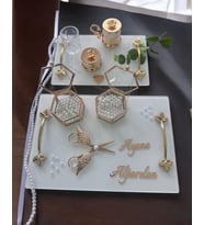 Adore Gold Beyaz İncili Söz Tepsisi Nişan Tepsisi ve Damat Kahve Fincan Tepsisi (Mavi)