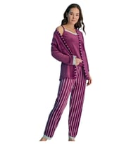 Kadın Fransız Kadife Sabahlıklı Dantel Detaylı Pijama Takımı (Üçlü Set) (Mürdüm)