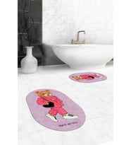 EVDEYA Dijital Yıkanabilir Ayıcık Desen İkili Banyo Halısı Paspas Oval Klozet Takımı, OKLOZET-34-GRİ, (Pembe)