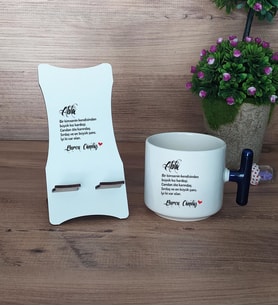 Ablaya Hediye Sepeti Kupa Bardak T Kulplu ve Ahşap Telefon Standı Ablaya Doğum Günü Hediyesi (Model 2)
