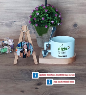 Fizik Öğretmeni Kupa Bardak Beyaz ve Fotoğraflı Ahşap Anahtarlık Hediye Öğretmenler Günü Hediyesi (Model 8)