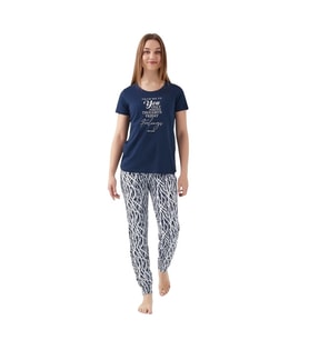 Pierre Cardin Sıfır Yaka Pamuklu Kısa Kol Bayan Pijama Takım (Lacivert)
