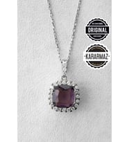 Jewelmim Mor Taşlı Gümüş Prenses Kolye Beyaz Altın Kaplama Kare Taşlı Kolye 925 Ayar Kadın Gümüş Kolye (Beyaz)
