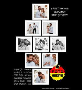 9 Adet 10x10 Çerçeve - Mdf Çerçeve - Mini Kare Fotoğraf Çerçevesi (Beyaz)