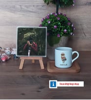 Baykuş Fotoğraflı Dekoratif Taş, Ahşap Altlıklı Türk Kahvesi Fincanı Hediye (Model 1)