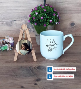 Doğum Günü Hediyesi Kupa Bardak Beyaz ve Fotoğraflı Ahşap Anahtarlık Hediye (Model 5)