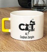 Kişiye Özel Cat Dad Hediye Lüks Fincan Kedi Babası -3- (Sarı)