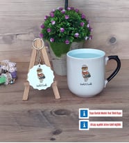 Baykuş Kupa Bardak Kırmızı ve Ahşap Anahtarlık Hediye (Model 9)