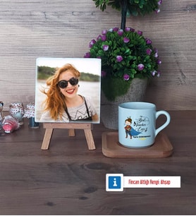 Kadın Öğretmene Hediye Fotoğraflı Dekoratif Taş, Ahşap Altlıklı Türk Kahvesi Fincanı Hediye (Model 1)