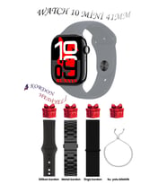 Samsung Galaxy M42 Uyumlu Açık Mavi Akıllı Saat Watch 10 Mini Kordon Hediyeli AMOLED EKRAN 41MM (Siyah-Gri)