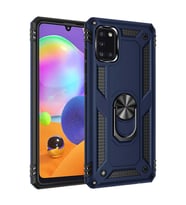 Samsung Galaxy A31 Uyumlu Kılıf Standlı Manyetik Yüzüklü Military Magnetic Ring Polycarbonate and TPU Case (Lacivert)