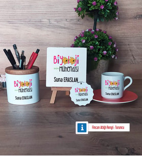 Biyoloji Mühendisi Hediye Seti Dekoratif Taş, Kalemlik, Ahşap Altlıklı Türk Kahvesi Fincanı, Ahşap Anahtarlık Hediye (Model 8)
