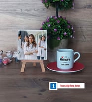 Hemşire Fotoğraflı Dekoratif Taş, Ahşap Altlıklı Türk Kahvesi Fincanı Hediye (Model 3)