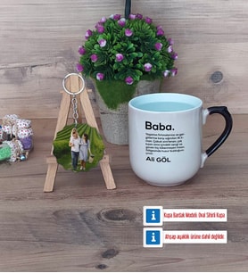 Baba Kupa Bardak Beyaz ve Fotoğraflı Ahşap Anahtarlık Hediye (Model 10)