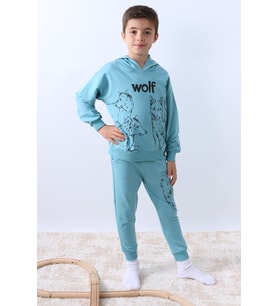 ERKEK ÇOCUK KAPŞONLU EŞOFMAN TAKIMI 4 MEVSİM WOLF BASKILI RİBANALI F12 (Mavi)