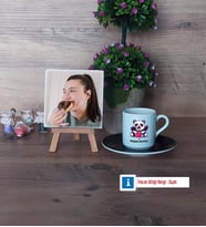 Sevimli Panda Fotoğraflı Dekoratif Taş, Ahşap Altlıklı Türk Kahvesi Fincanı Hediye (Model 7)
